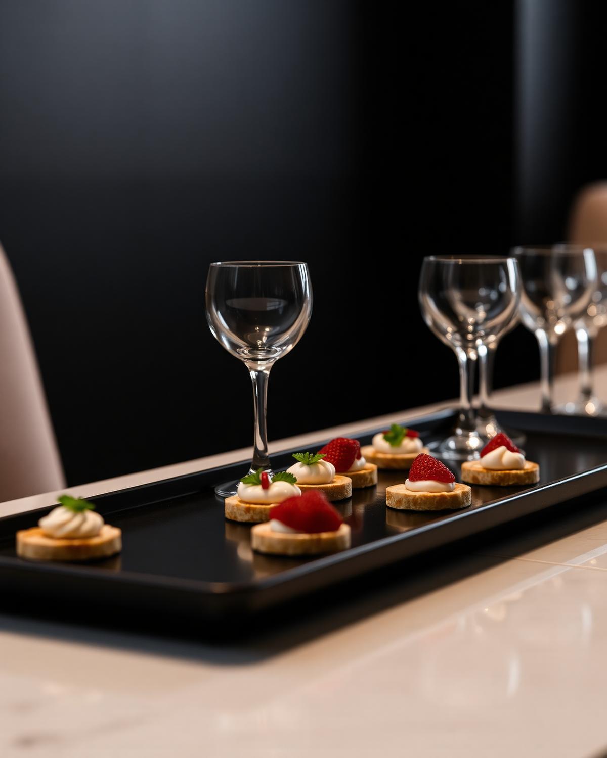 Finger food na czarnej tacy obok kryształowych kieliszków