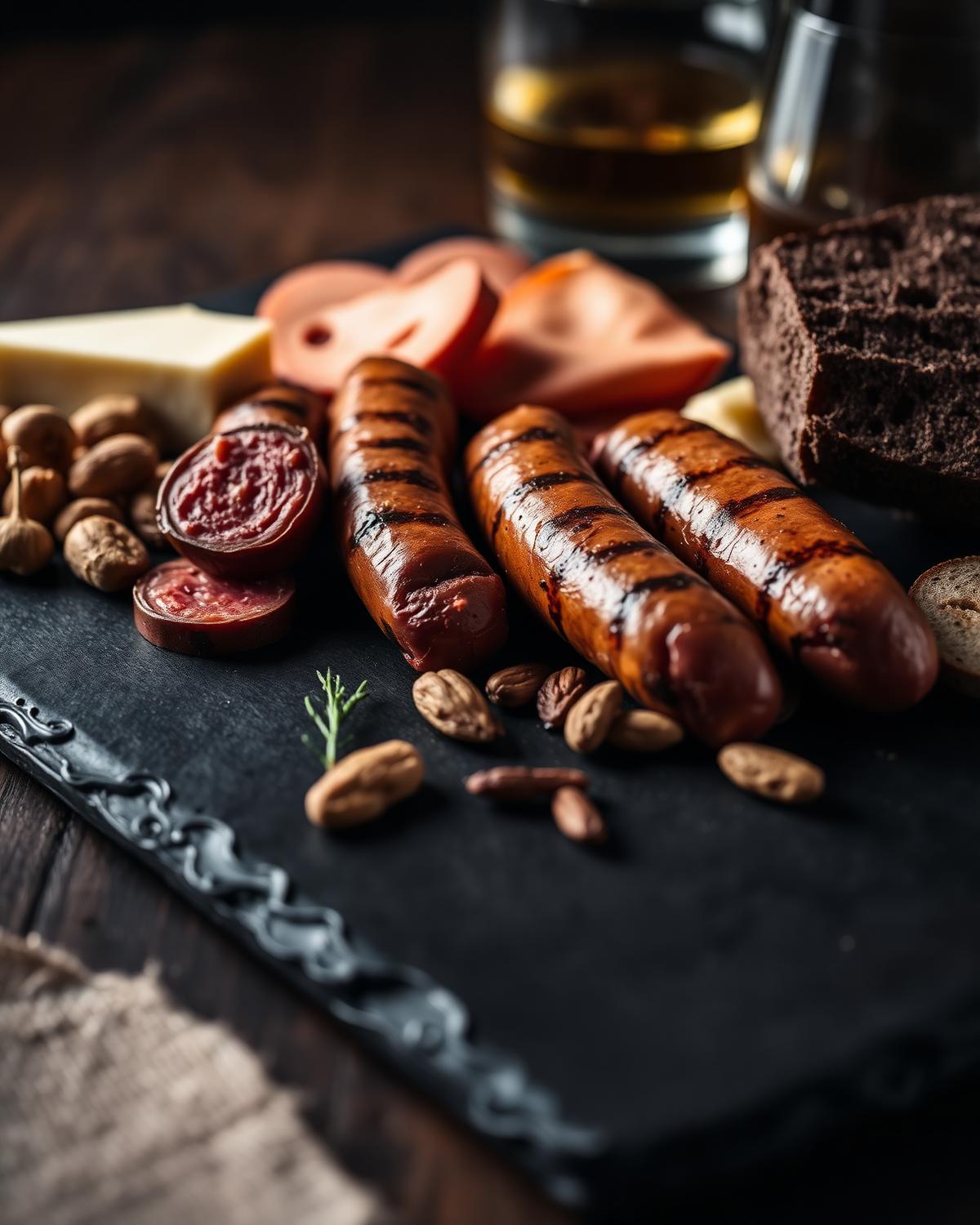 Deska z grillowanymi kiełbaskami, wędlinami i serami